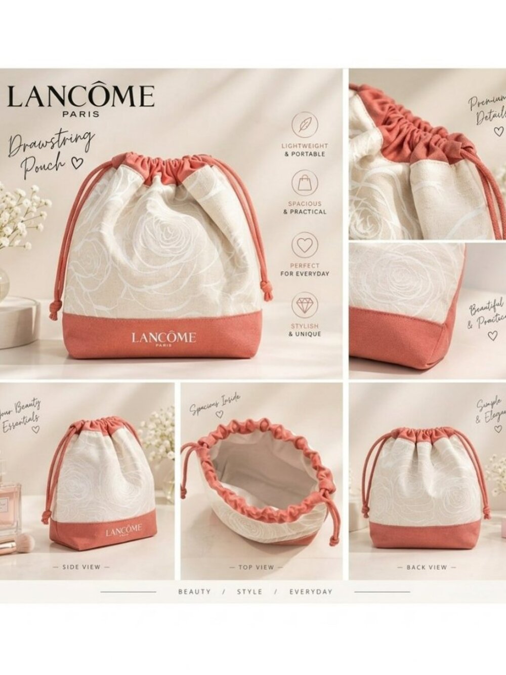 Lancome Paris Canvas Drawstring Bag Makeup Travel Pouch Rose Print Coral Cream